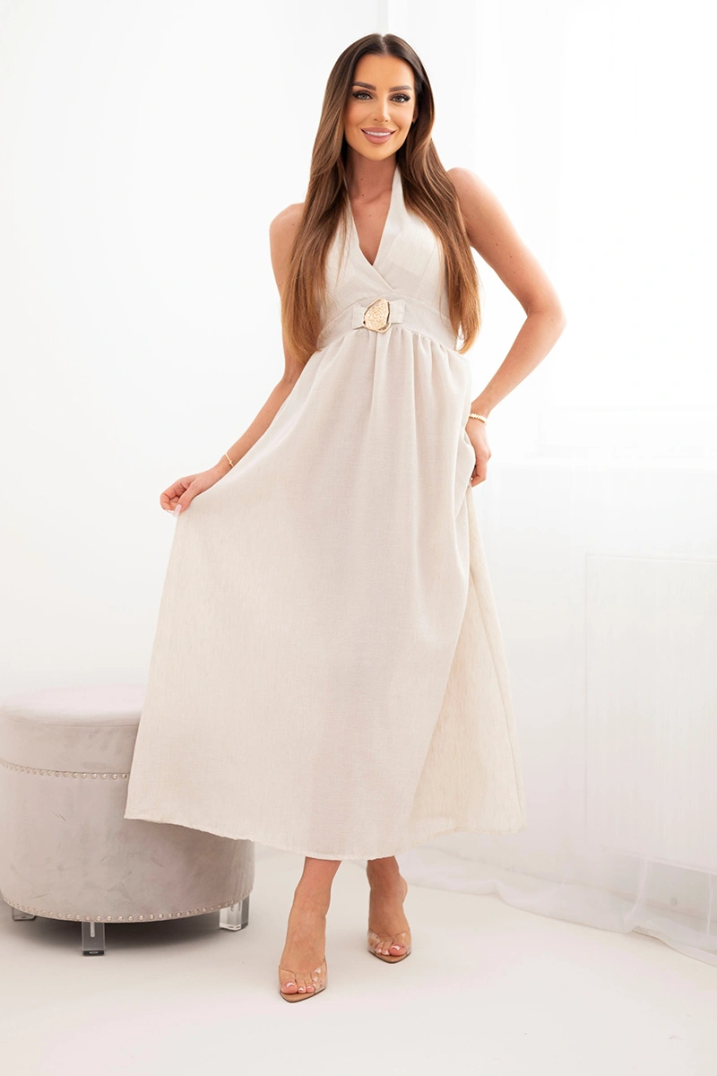 Дамска макси рокля Kesi с връзка на врата, бежова