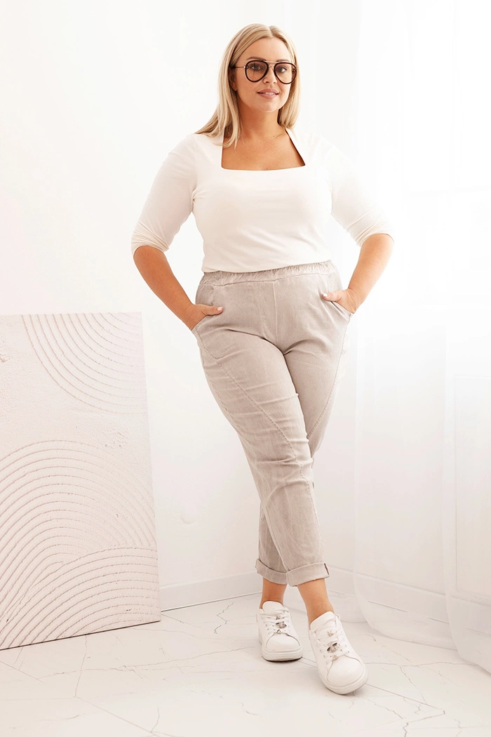 Kesi Włoski Plus Size women's distressed pants with elastic and pockets beige
