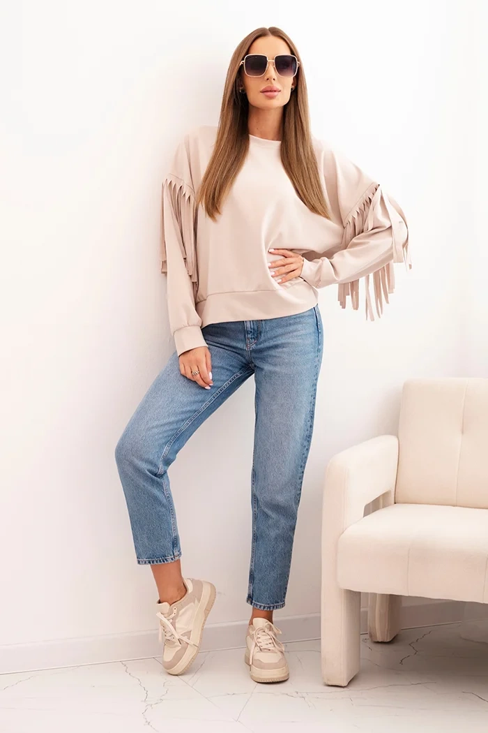 Kesi Włoski Women&#039;s butter-colored sweatshirt with decorative sleeves beige