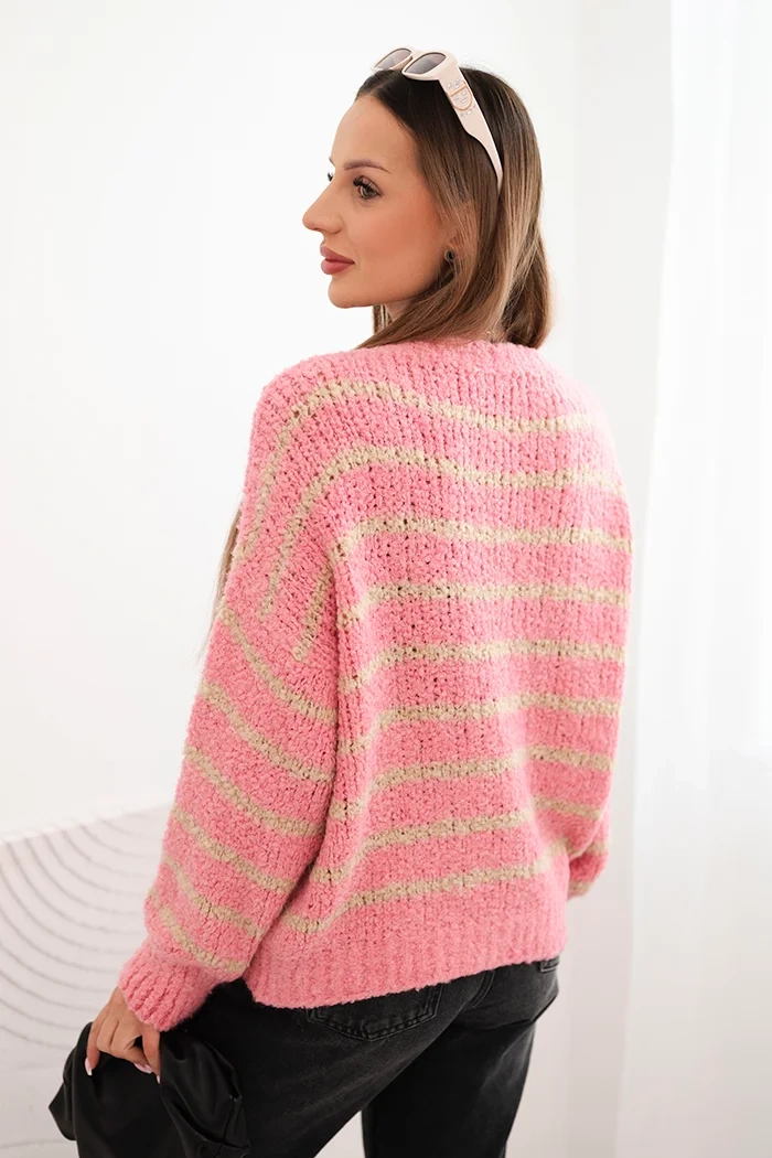 Kesi Włoski Women's striped sweater with wool in a loose fit pink
