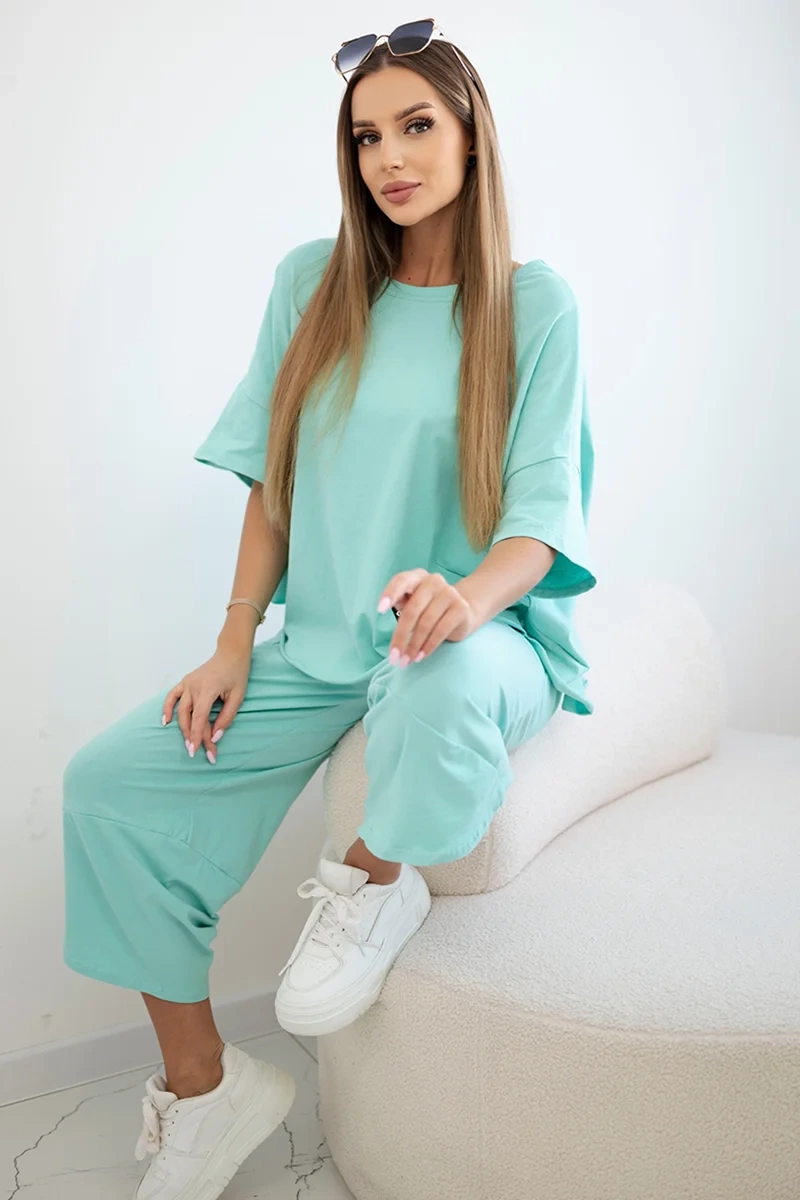Włoski Bavlněný komplet halenka + kalhoty mincovna