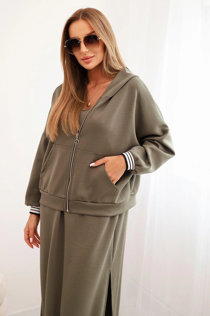 Kesi Włoski Women&#039;s set with viscose featuring a zip-up hoodie and a long dress khaki