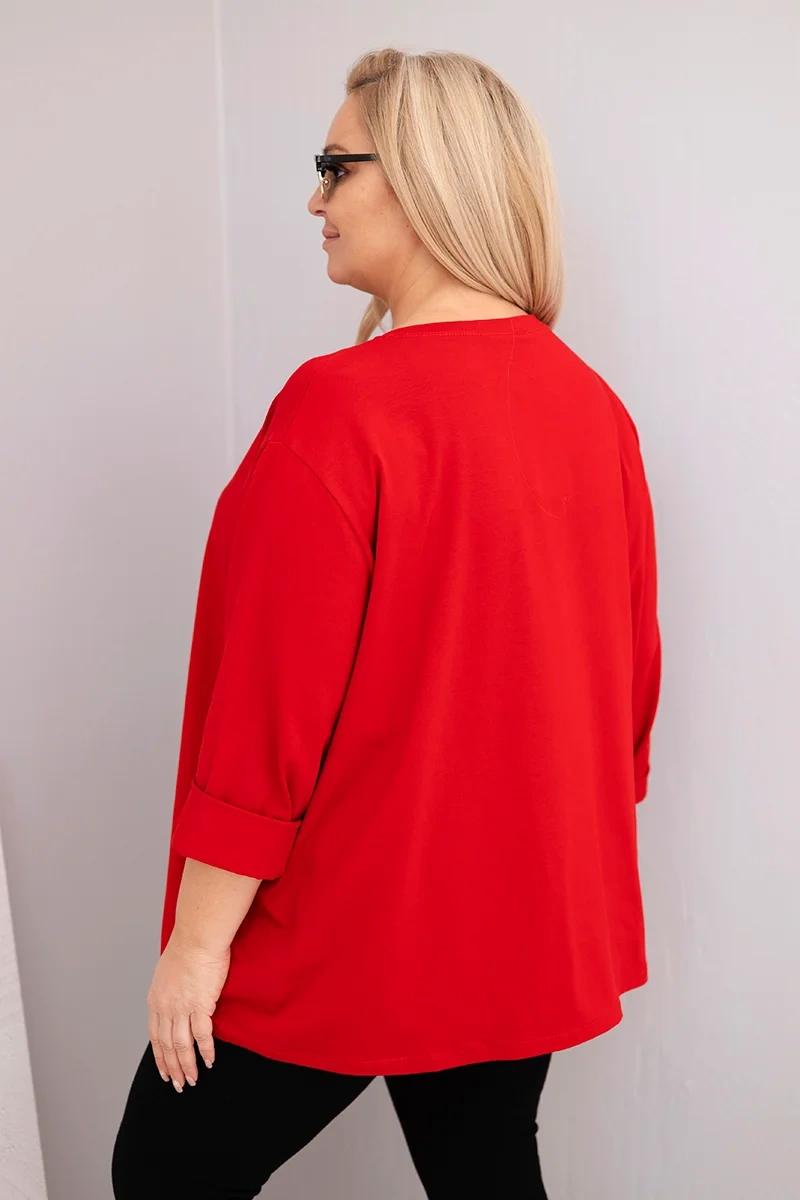 Kesi Włoski Dámska blúzka plus size s bavlnou s dlhým rukávom a nariasením červená
