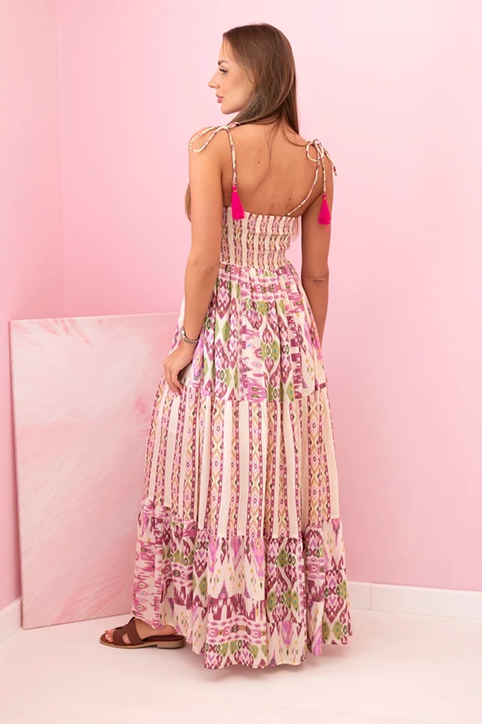 Kesi Włoski Women's viscose maxi dress with straps with elastic band and frill violet