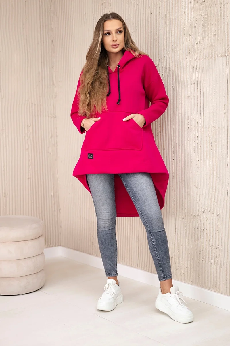 Padded sweatshirt with a long back and hood in fuchsia-coloured