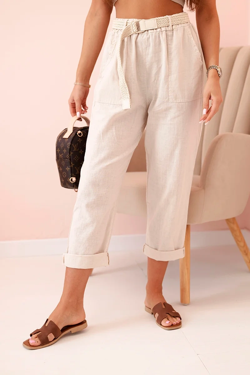 Kesi Włoski Women's linen cotton pants with a belt beige