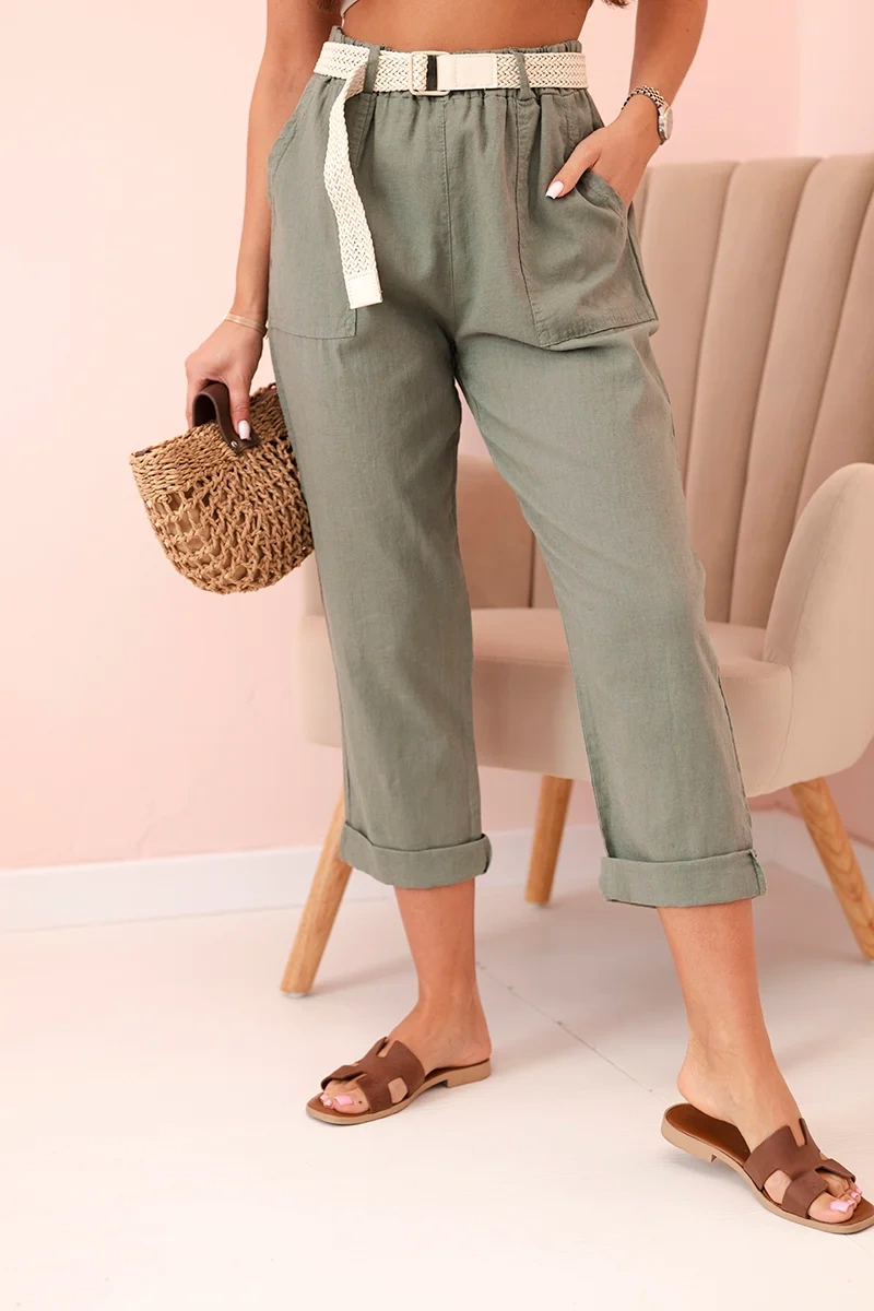 Kesi Włoski Women's linen cotton pants with a belt khaki