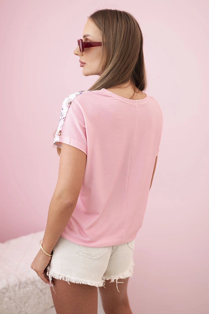 Kesi Women's cotton blouse with short sleeves and floral print light pink