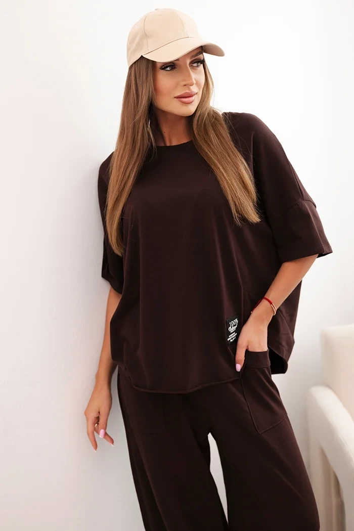 Kesi Włoski Cotton set blouse + trousers brown