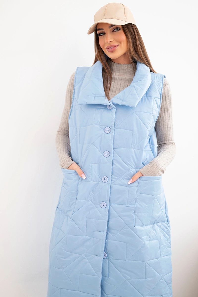 Дамски дълъг ватиран елек Kesi с джобове, син