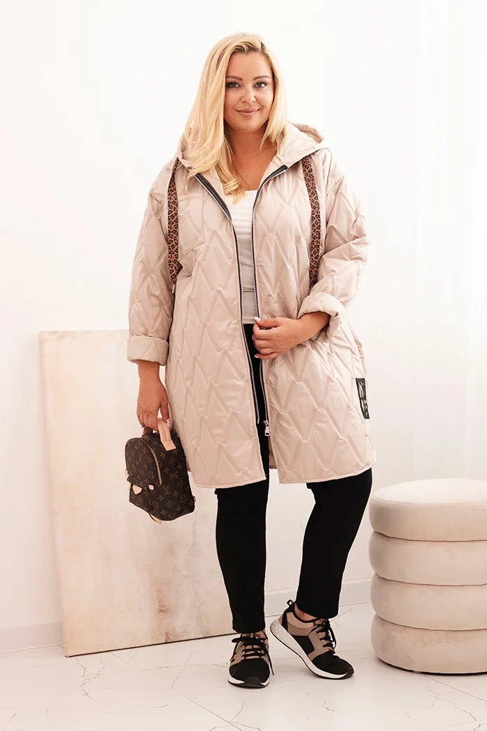 Kesi Włoski Women's Plus Size quilted jacket with a hood and the inscription HOPE dark beige