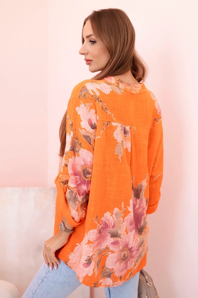 Kesi Włoski Women&#039;s cotton blouse with a floral pattern and buttons - orange