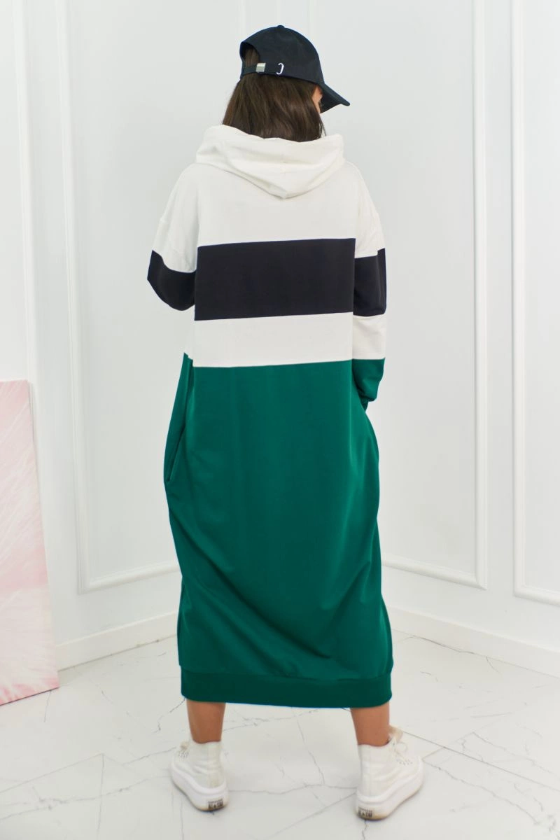 Three-color hooded dress ecru + black + dark green