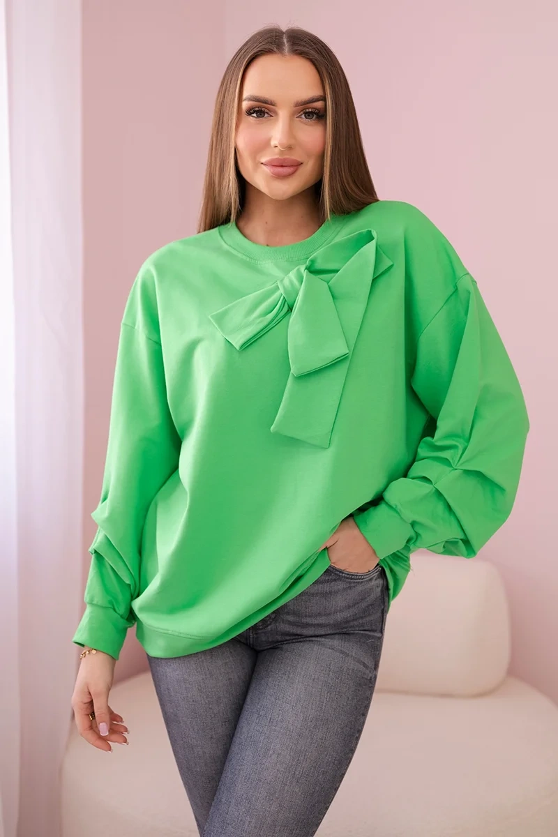 Cotton blouse with bow light green color