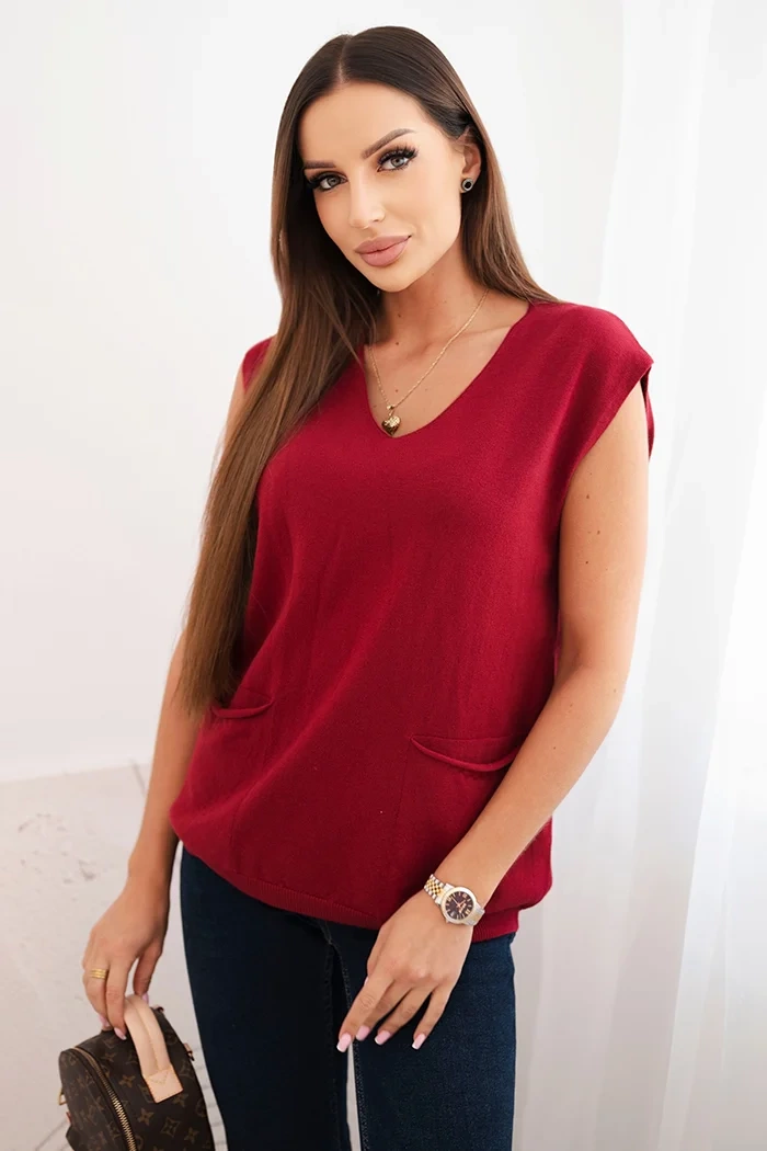 Kesi Włoski Dámsky viskózový sveter bez rukávov s vreckami a V-dekoltom bordový