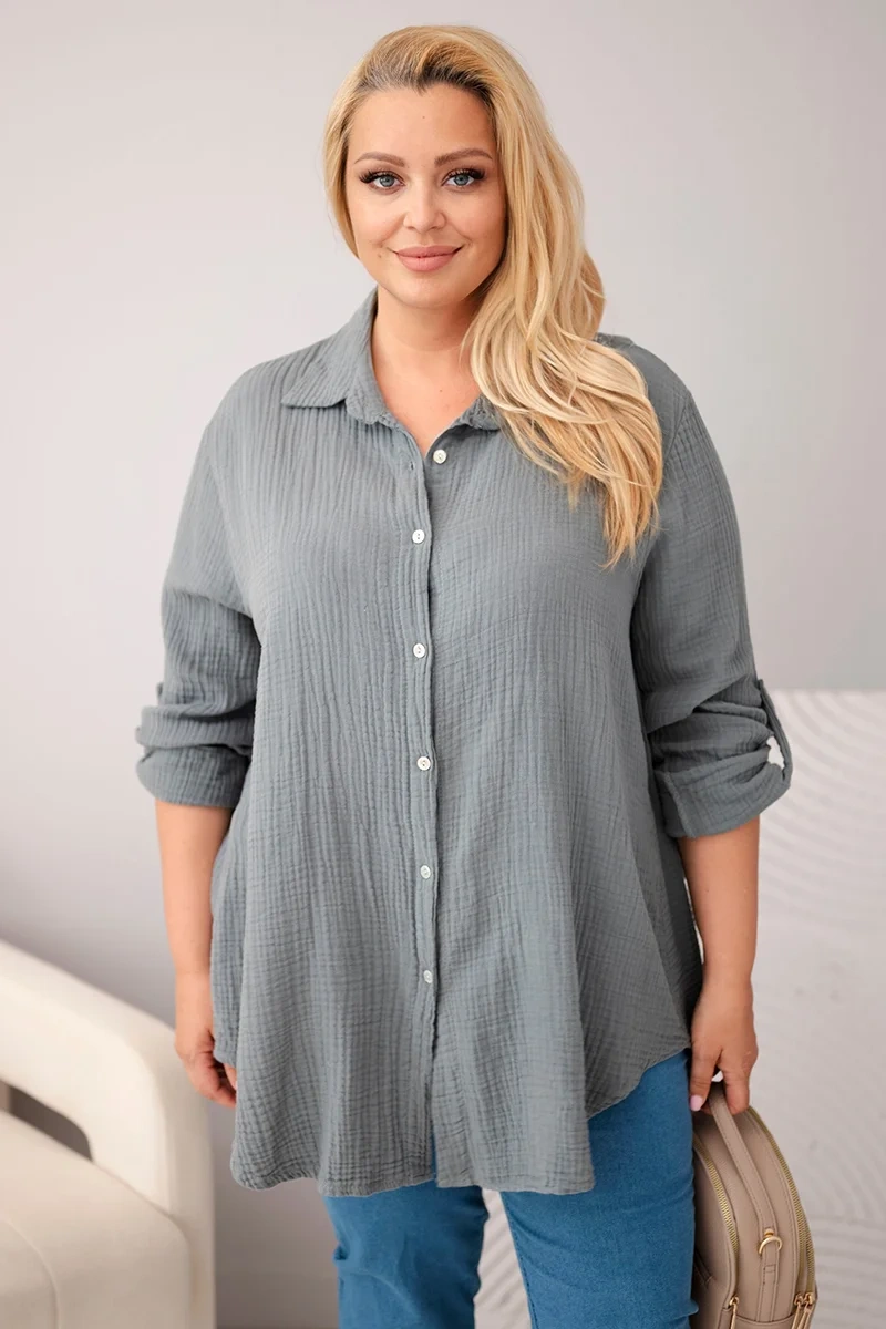Levně Kesi Włoski Bavlněná mušelínová košile Plus Size tmavě šedá
