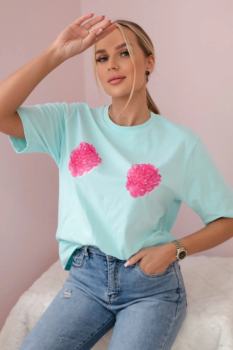 Cotton blouse with floral print in light mint color