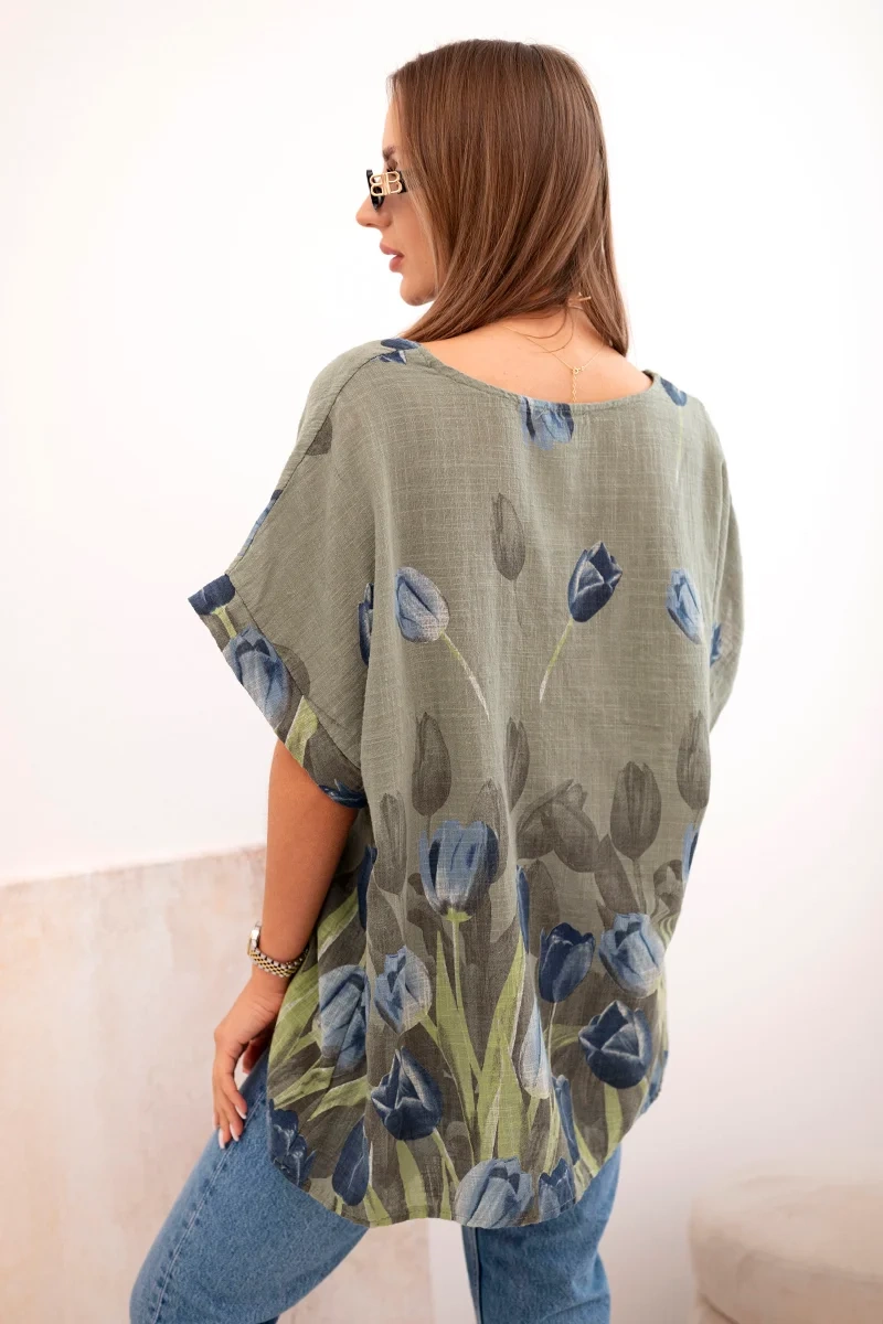 Kesi Włoski Women&#039;s cotton shirt with a floral pattern khaki