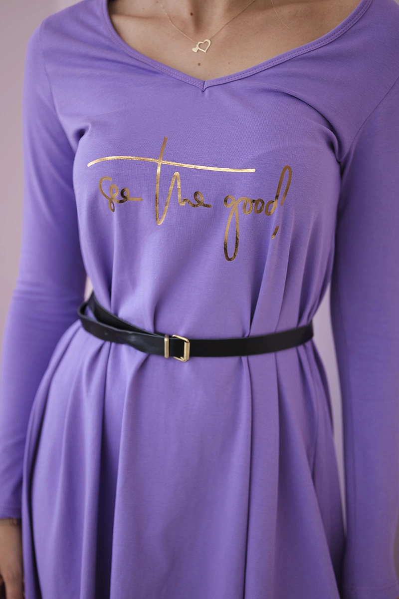 Dress with decorative belt and inscription purple