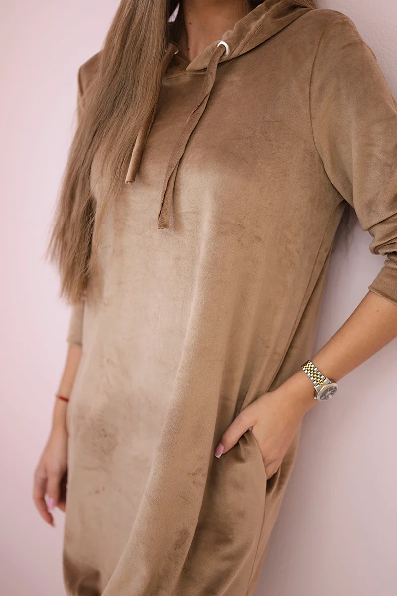 Velour dress with a hood in beige color