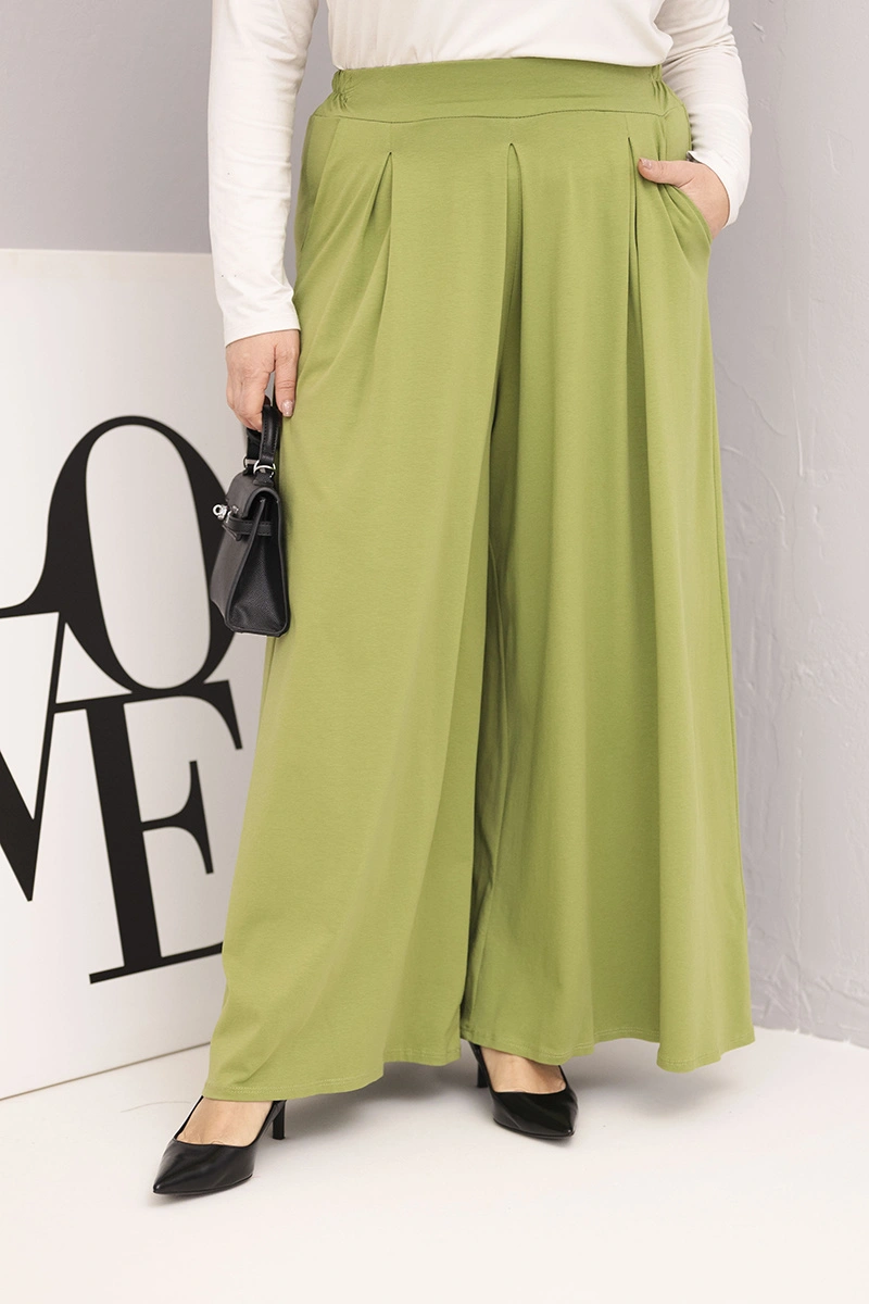 Kesi Włoski Plus Size women's cotton pants with wide legs and loose fit pistachio