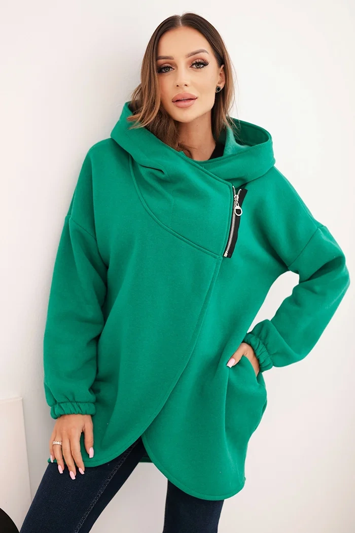 Kesi Włoski Women's insulated hoodie with an asymmetrical zipper green