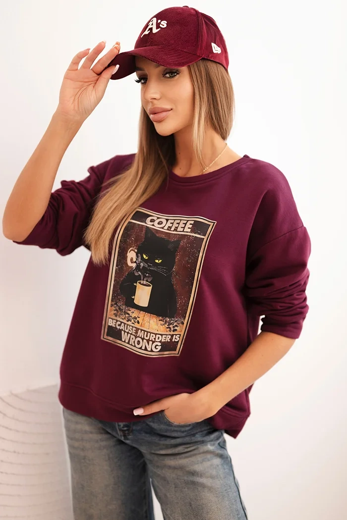 Kesi Włoski Women's cotton sweatshirt with a cat print and text plum