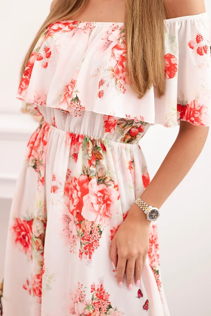 Kesi Włoski Women's dress with a frill and bare shoulders with flowers red