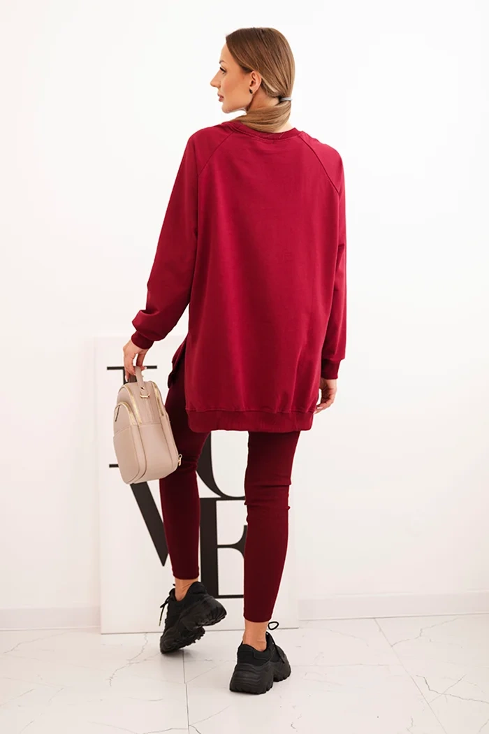 Polski Women&#039;s cotton set with a sweatshirt and leggings with the inscription Minimal maroon