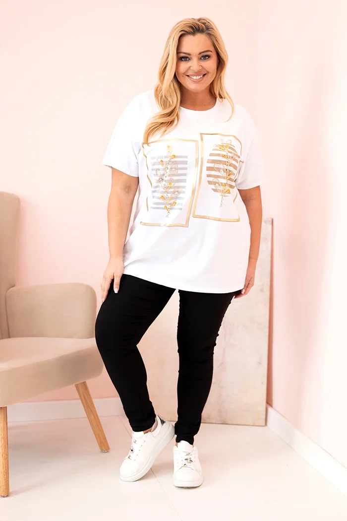 Kesi Włoski Women's cotton Plus Size blouse with rhinestones white + camel