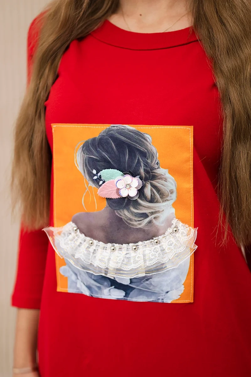 Dress with 3D graphics, lace red