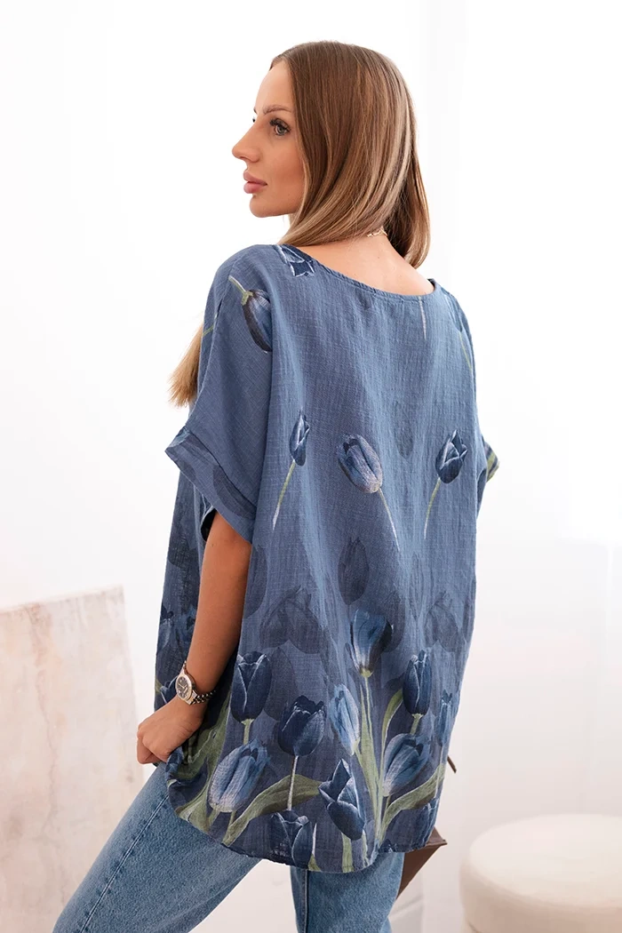 Kesi Włoski Women's cotton shirt with a floral pattern denim