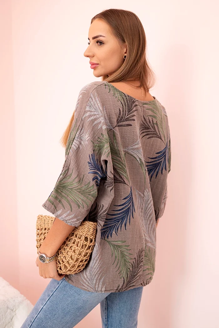 Kesi Włoski Women&#039;s cotton blouse with leaves with roll-up sleeves fango