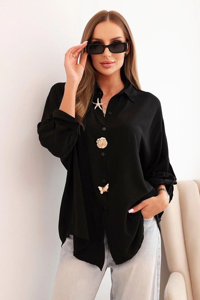 Kesi Włoski Women&#039;s viscose shirt with decorative buttons and collar black