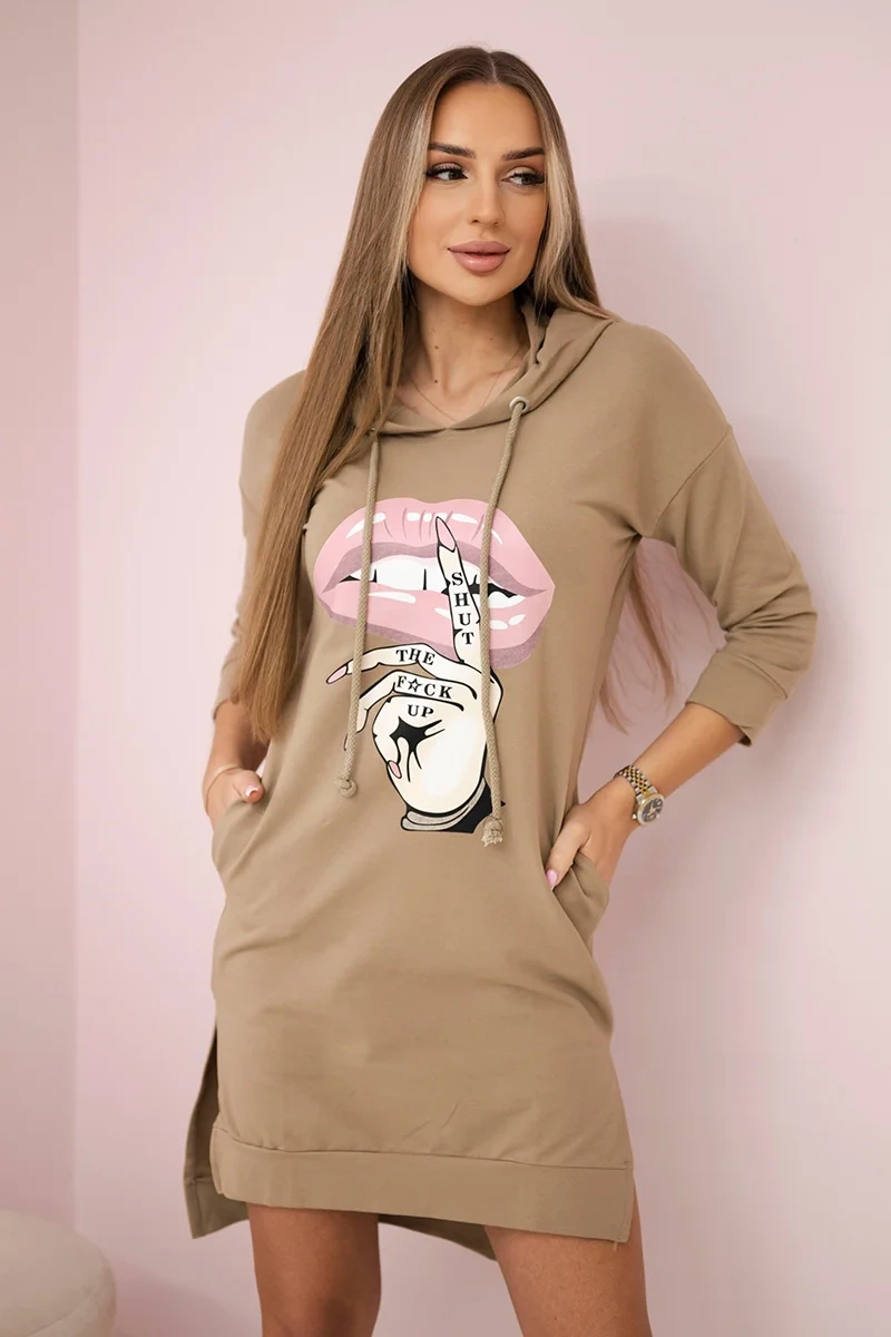 Dress with a longer back and a colorful camel print