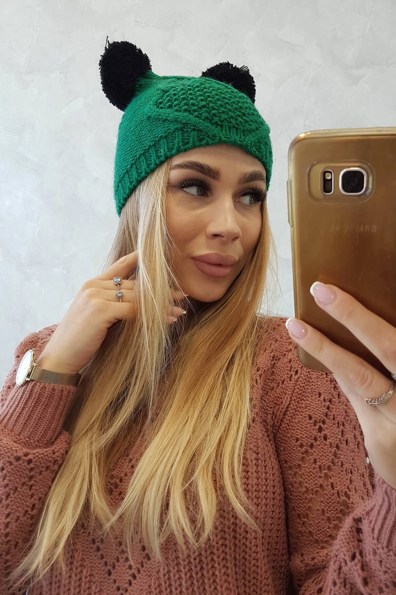 marka niezdefiniowana Cap with fleece 2 pompoms K291 green