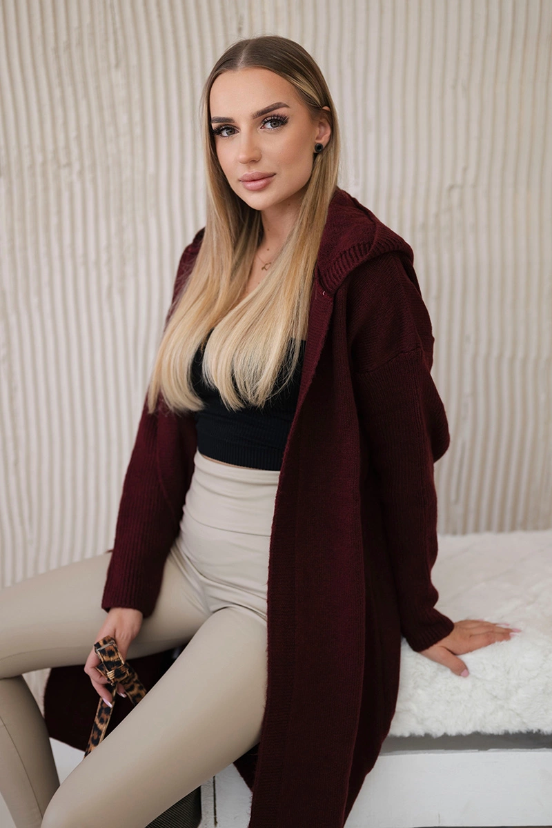Burgundy-colored hooded cardigan sweater