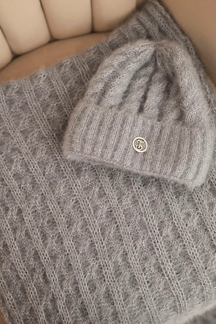 Kesi Women's set hat and scarf ribbed with decoration gray