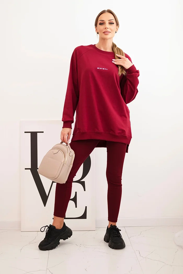 Polski Women&#039;s cotton set with a sweatshirt and leggings with the inscription Minimal maroon