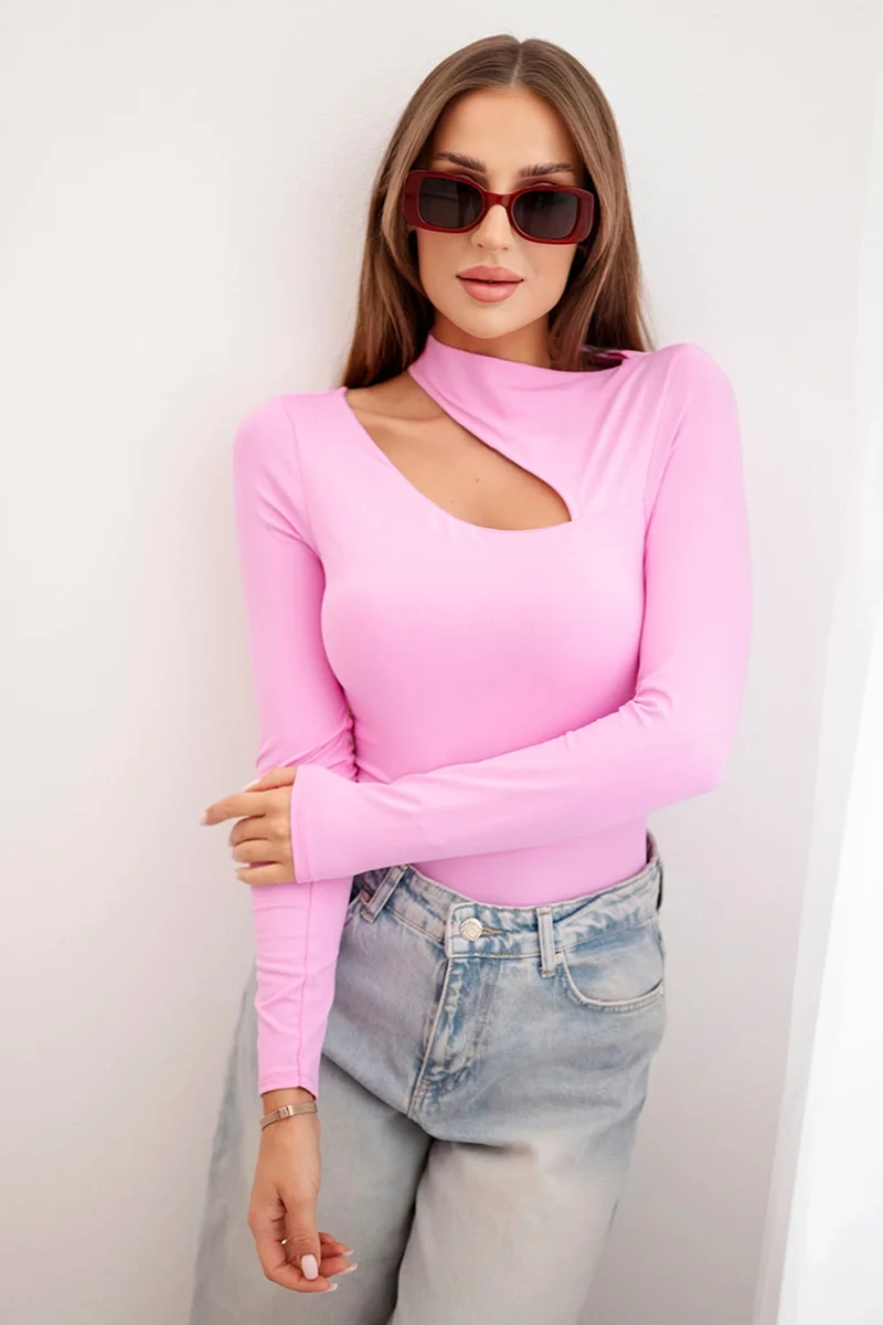 Kesi Włoski Womens bodysuit blouse with long sleeves and asymmetrical neckline pink
