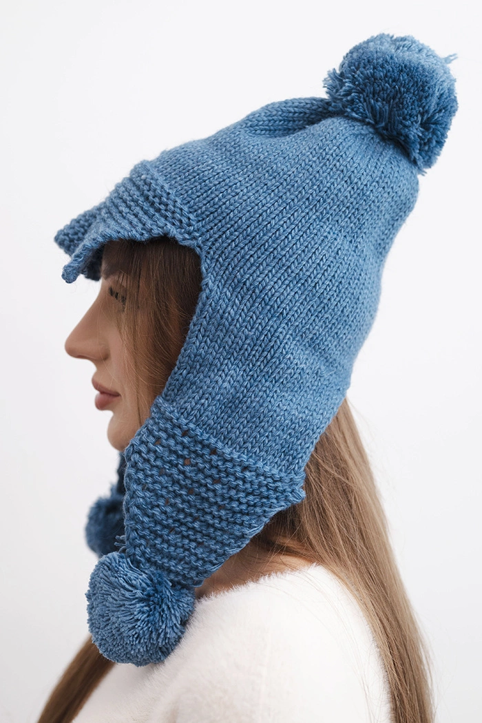 Kesi Women's winter cap with wool, brim and pom poms K475, denim