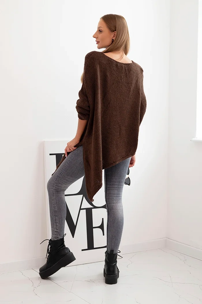 Kesi Włoski Dámsky asymetrický sveter z vlny Plus Size s výstrihom do V hnedý