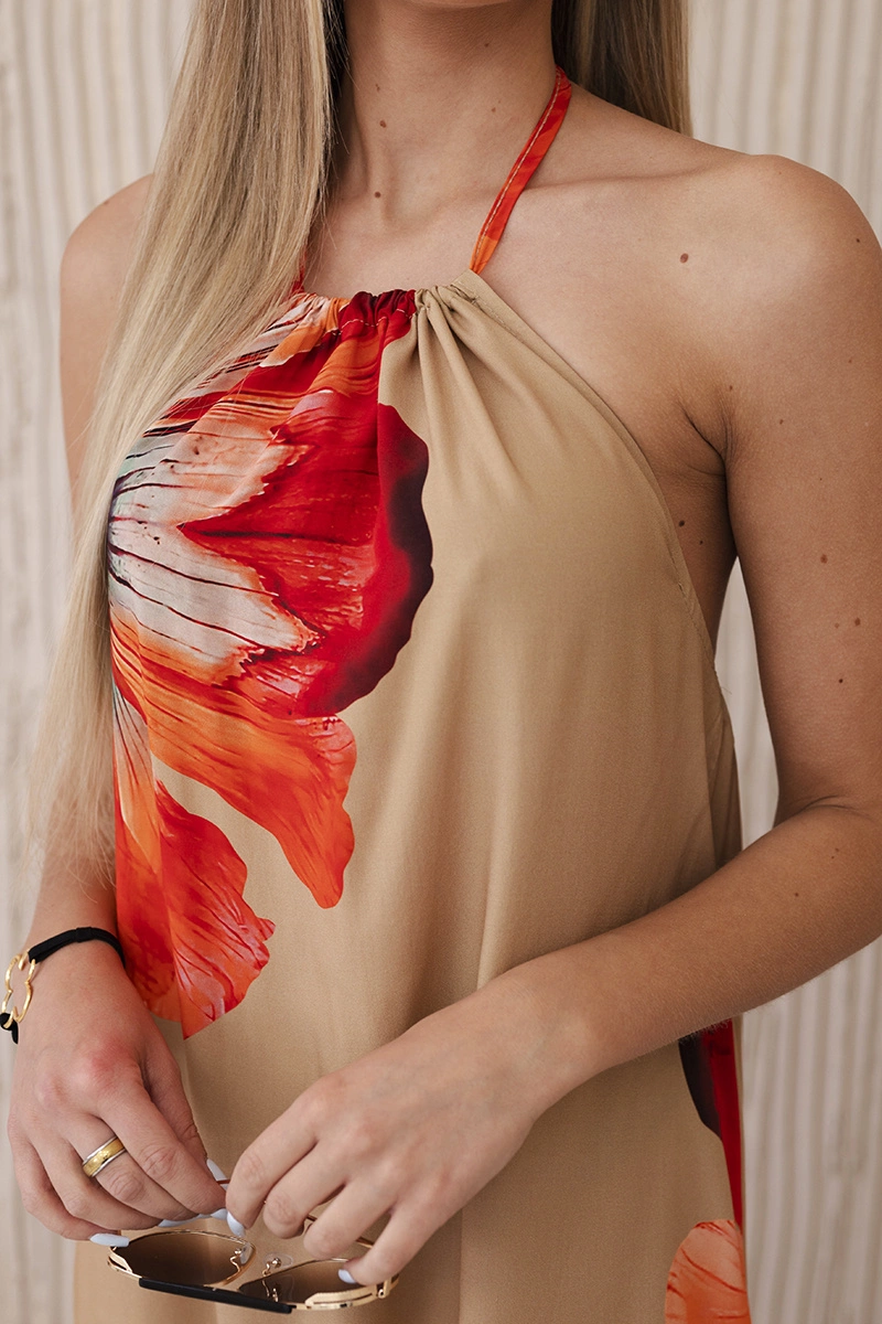 Women's viscose dress with ties around the neck - beige camel