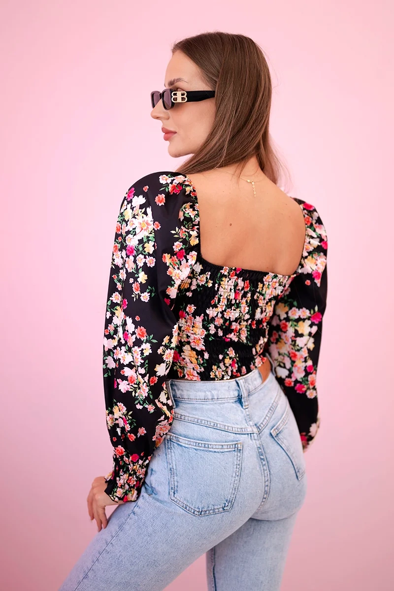 Kesi Włoski Women's floral Spanish blouse, long sleeve black