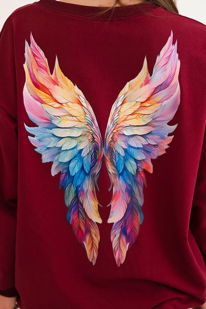 Polski Women's oversized cotton sweatshirt with colorful wings on the back burgundy