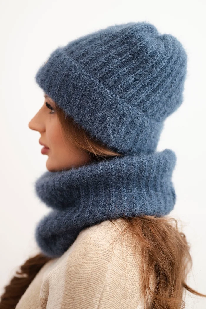Kesi Women&#039;s set hat and winter fluffy scarf with decorative emblem denim color