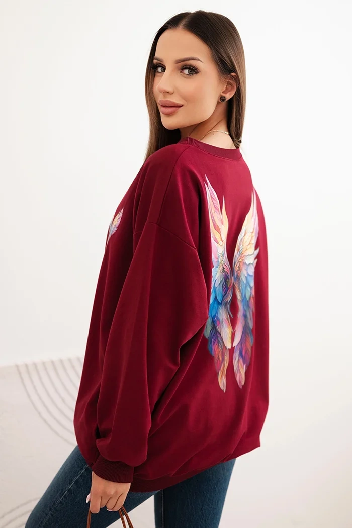 Polski Women's oversized cotton sweatshirt with colorful wings on the back burgundy