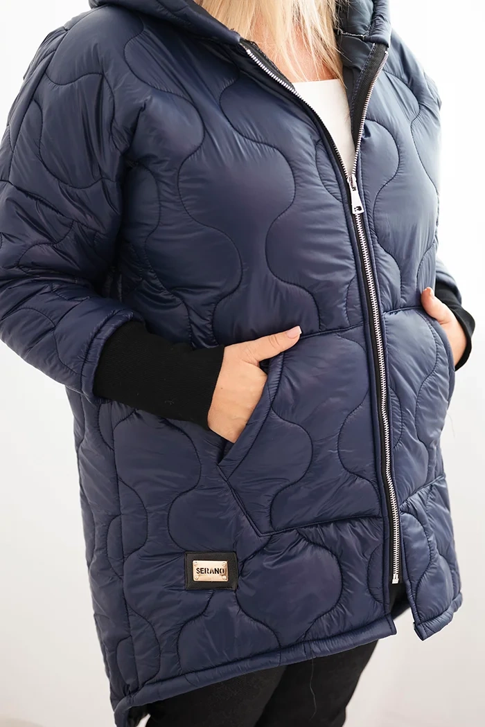 Kesi Włoski Women's Plus Size quilted jacket with a hood navy blue