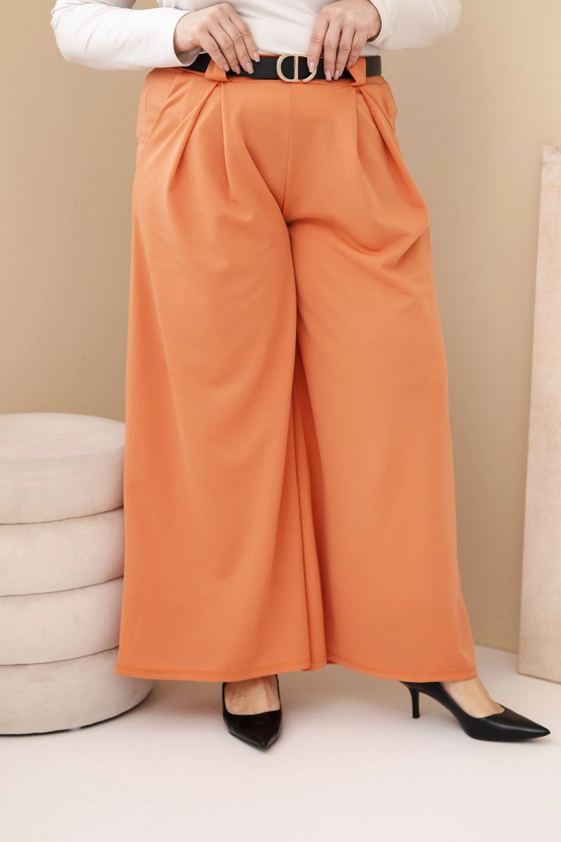 Kesi Włoski Plus Size women's viscose trousers with wide legs and a belt peach