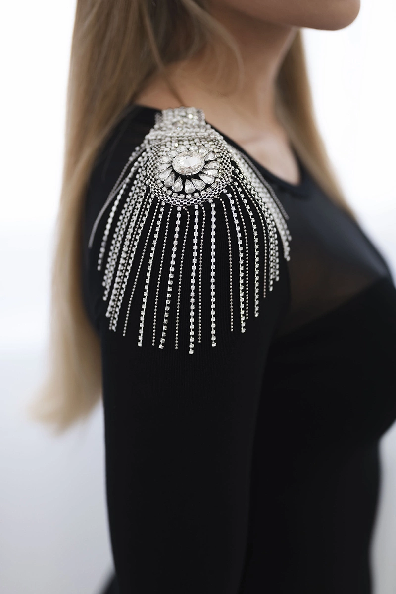 Viscose dress with decoration on one shoulder black